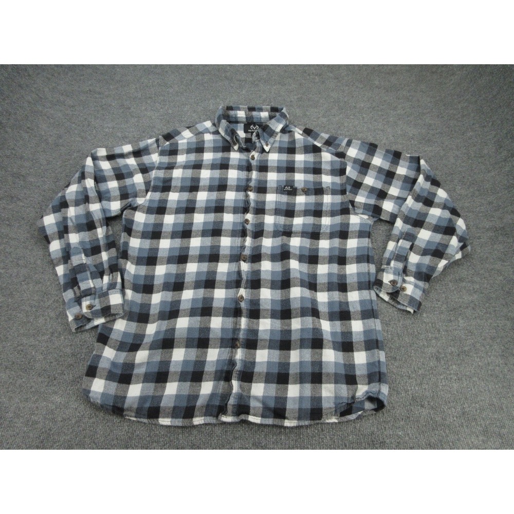 Realtree Mens Shirt Regular Fit Blue Black Plaid Flannel Button Down XL